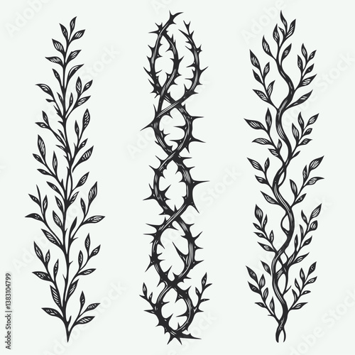 Set of twigs, branches of leaves. Seamless doodle floral pattern. Hand drawn Botanical drawing. Detailed line art of twigs and thorns vine illustration. Outline Simple Stylized Art