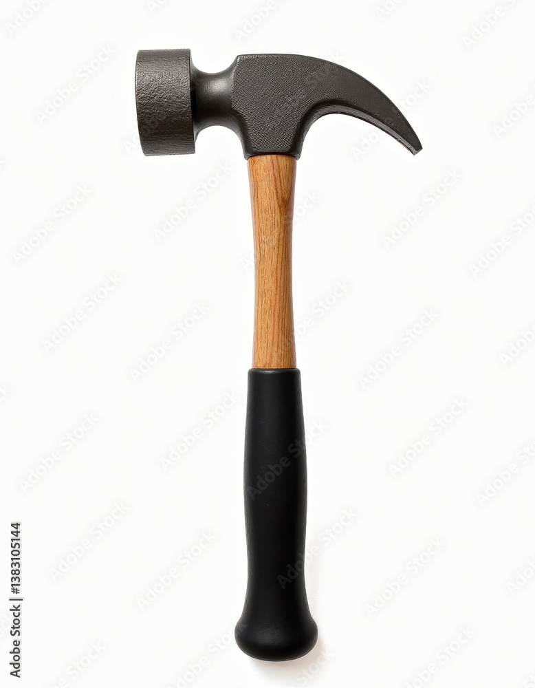 This image features a classic claw hammer with a modern design. The hammer has a black metal head with a curved claw and a smooth striking face. The handle is made of light-colored wood. This image features a classic claw hammer with a modern design. The hammer has a black metal head with a curved claw and a smooth striking face. The handle is made of light-colored wood.