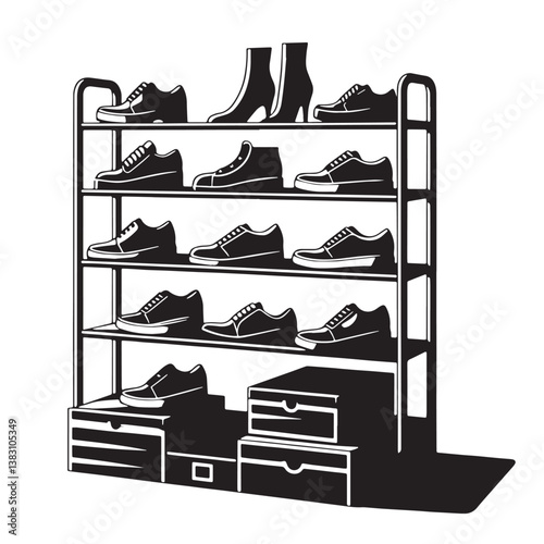 Black Color Shoe Rack Silhouette Vector Illustration, Solid White Background