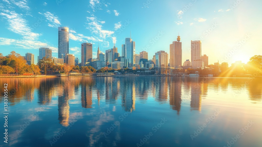 Fototapeta premium A modern city skyline reflected in water.