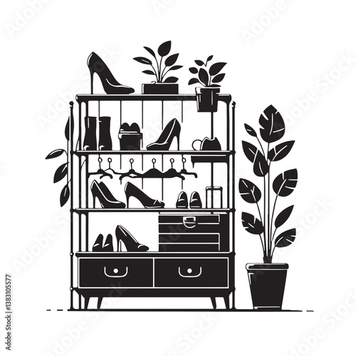 Black Color Shoe Rack Silhouette Vector Illustration, Solid White Background