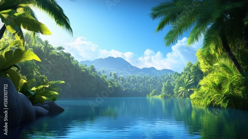 A serene landscape featuring lush greenery, a calm lake, and distant mountains under a clear blue sky, evoking tranquility and natural beauty.