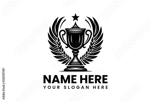 Monochrome Trophy Cup with Smaller Trophy and Laurel Illustration. Minimalist Achievement Art