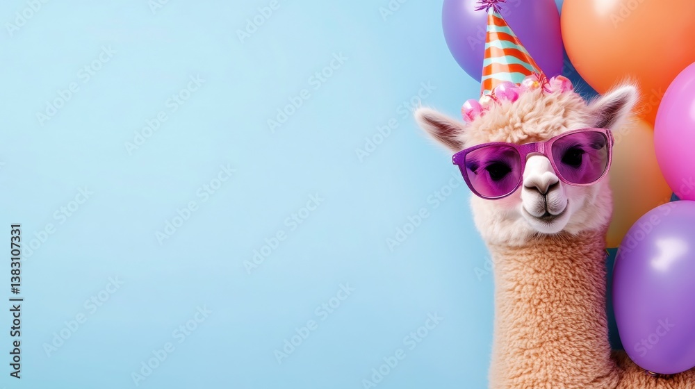 Fototapeta premium A cheerful llama adorned with a birthday hat and sunglasses enjoys a festive atmosphere, surrounded by vibrant balloons and a light blue backdrop