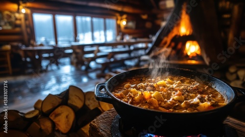 Warm stew simmers over a fire in cozy lodge, promising a comforting meal amid a snowy backdrop. The steam from the stew adds to the ambience.