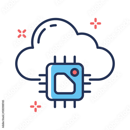 Modern outline style icon depicting ai cloud with a microprocessor chip