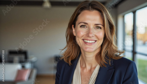 Modern portrait headshot of a friendly ceo executive business worker: A smiling businesswoman with brown hair and a navy blazer looks confidently at the camera in a bright, modern office space. Free Download Modern portrait headshot of a friendly ceo executive business worker: A smiling businesswoman with brown hair and a navy blazer looks confidently at the camera in a bright, modern office space. - GFXLoad