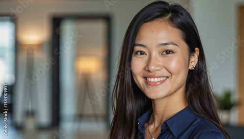 Modern portrait headshot of a friendly ceo executive business worker: A smiling Asian woman with long, dark hair, wearing a navy blue shirt, looks directly at the camera in a bright, modern office l Free Download Modern portrait headshot of a friendly ceo executive business worker: A smiling Asian woman with long, dark hair, wearing a navy blue shirt, looks directly at the camera in a bright, modern office l - GFXLoad