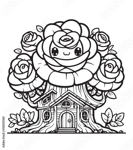 Coloring book  rose treehouse with a cute rose face and blooming rose canopies