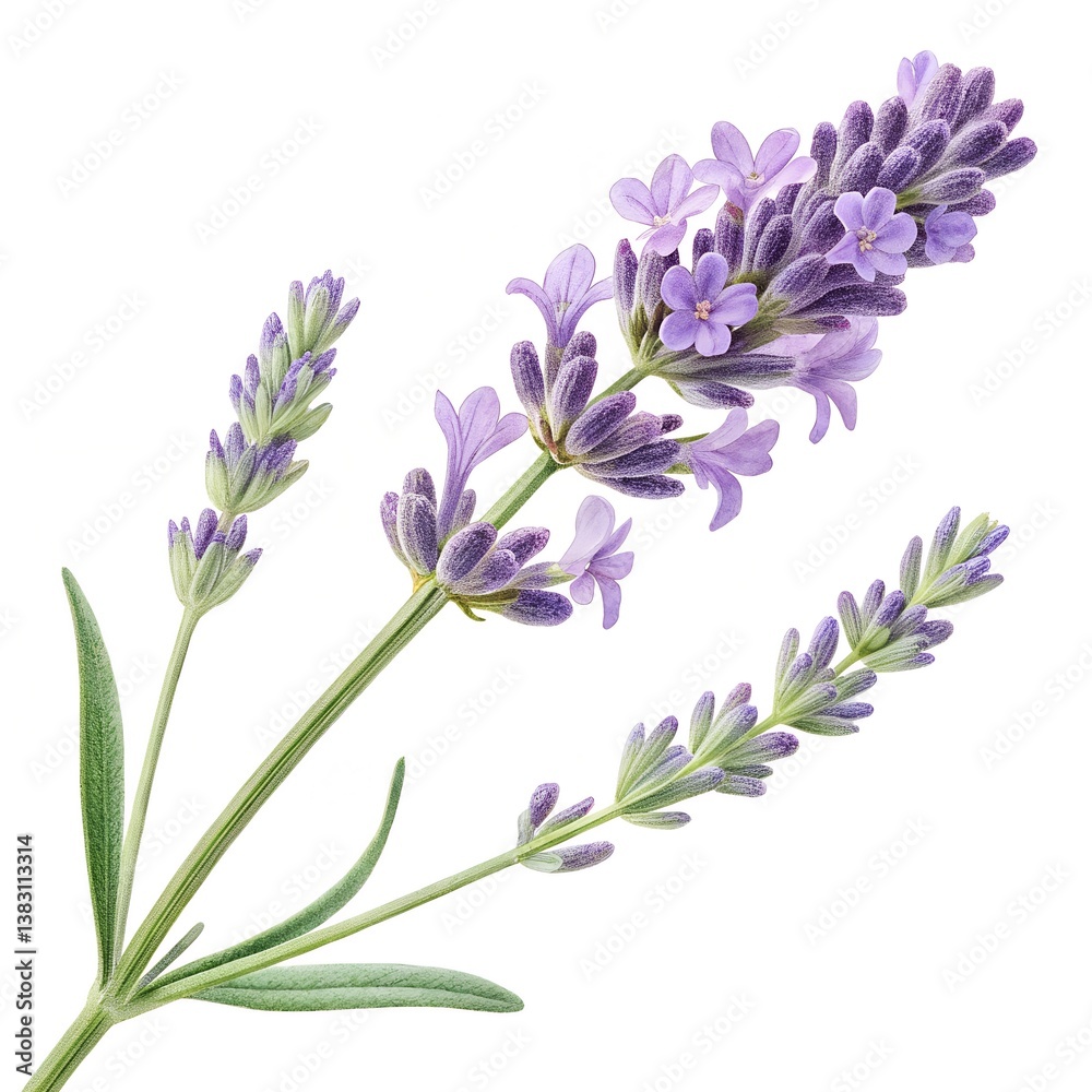 Naklejka premium Lavender flower, single sprig of lavender in full bloom, hyper-realistic, ultra-detailed purple blossoms with soft green stems, soft natural lighting, high resolution, white background, 