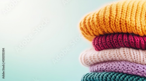 Colorful knitted hats are stacked in a neat pile, showcasing vibrant hues perfect for cozy winter days