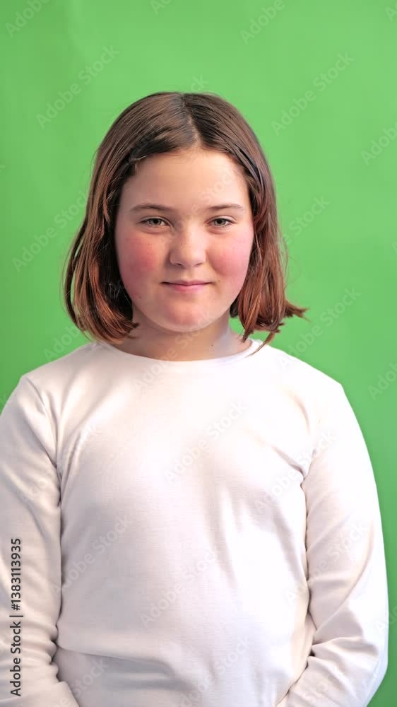 Kid greets audience on green screen studio setup Kid greets audience on green screen studio setup