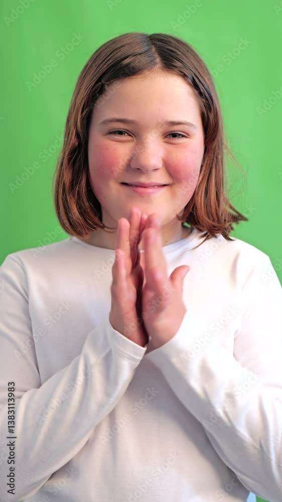 Elementary student celebrating with clapping on green screen Elementary student celebrating with clapping on green screen