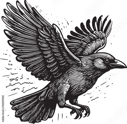 Crow flying black vector illustration