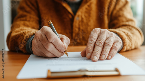 A senior Caucasian person signs a document with a pen at a wooden desk.