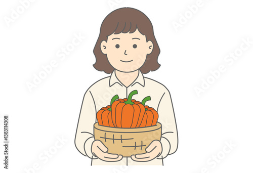 Woman Holding a Basket of Pumpkins