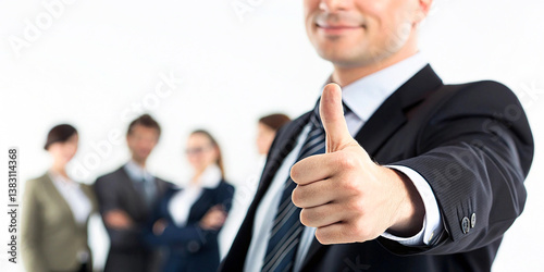 Business professional, thumbs up gesture, confident smile, suit and tie, corporate success, blurred colleagues in background, leadership, optimism, office environment, team achievement, positive