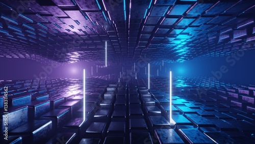 Fototapeta Naklejka Na Ścianę i Meble -  3d render illustration. Abstract tunnel between two planes of wave bending made of reflective cubic blocks in neon blue