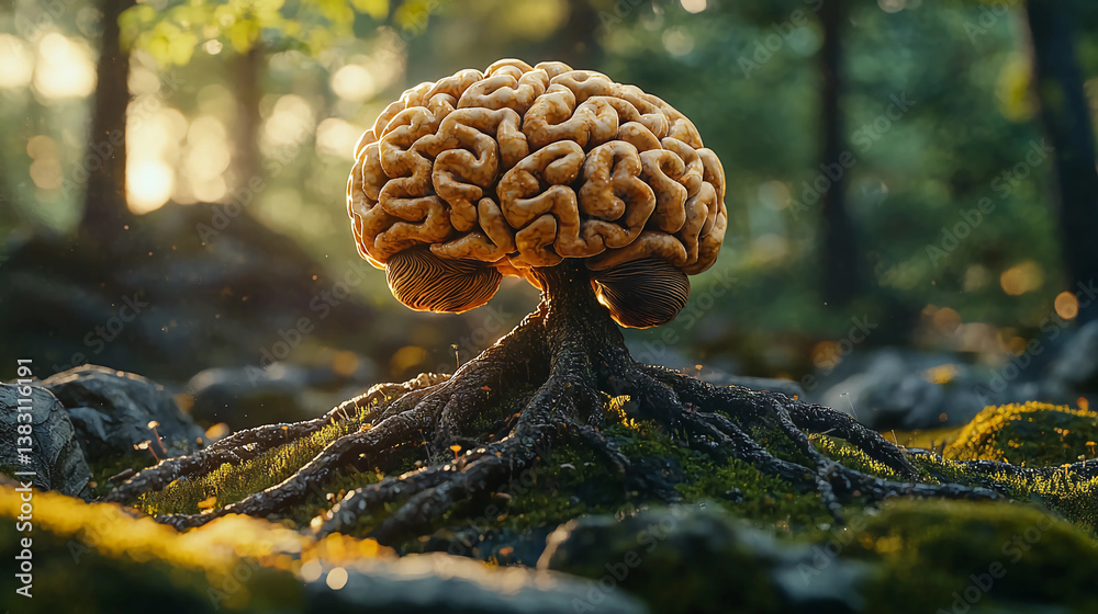 Bright brain growing from tree roots, concept of nature and intelligence fusion Bright brain growing from tree roots, concept of nature and intelligence fusion