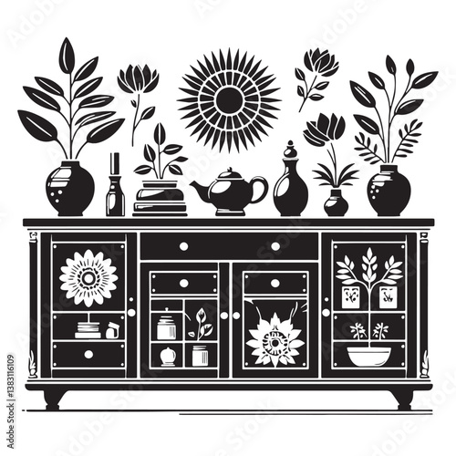 Black Color Sideboard Silhouette Vector Illustration, Solid White Background