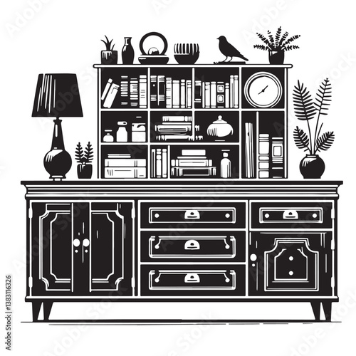 Black Color Sideboard Silhouette Vector Illustration, Solid White Background
