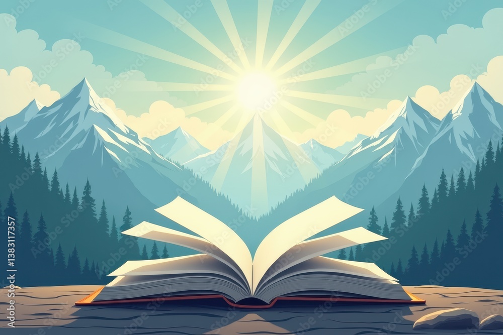 Open book with mountain sunrise backdrop evokes adventure knowledge