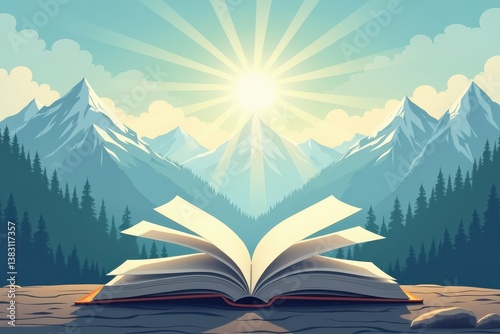 Obraz na płótnie Open book with mountain sunrise backdrop evokes adventure knowledge w salonie