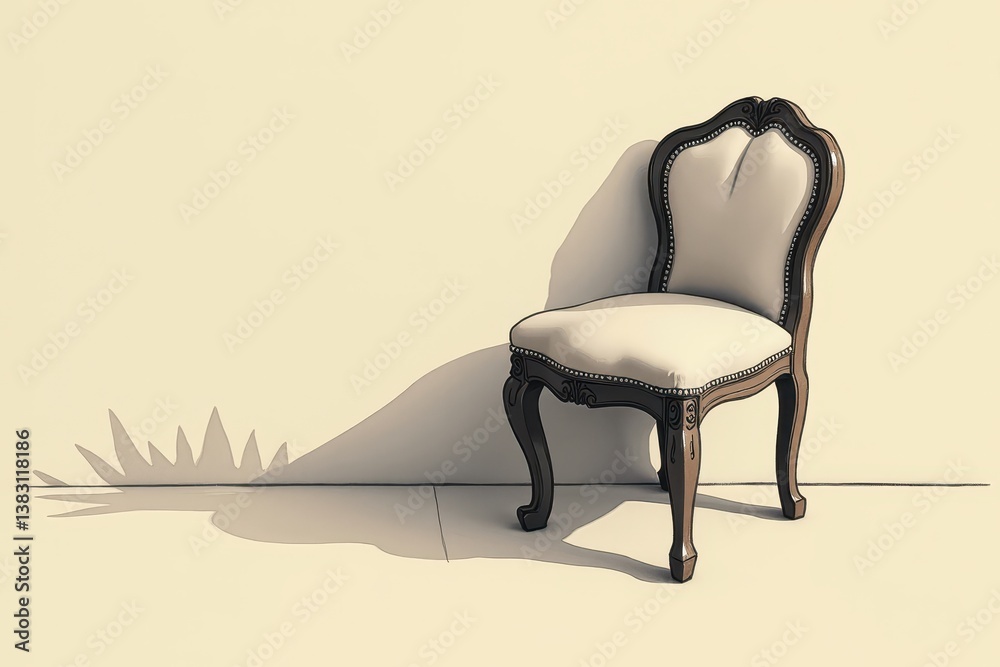 Elegant wooden chair casting intricate shadow on white wall