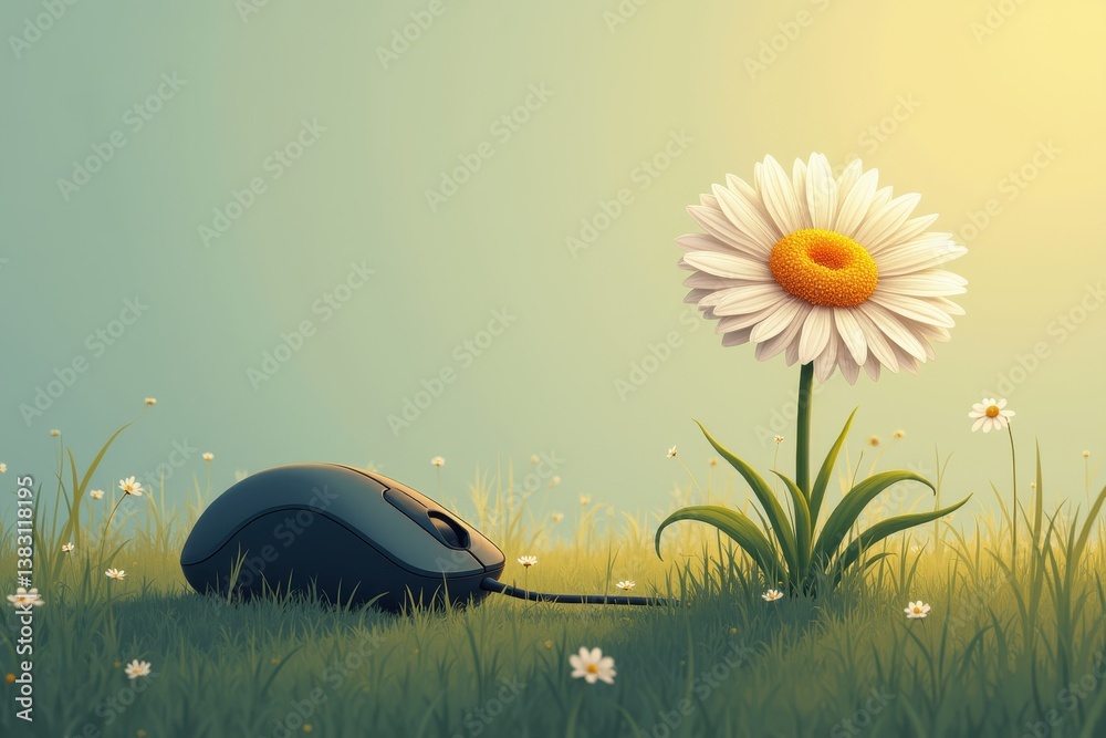 Mouse in grass with daisy: technology nature juxtaposition