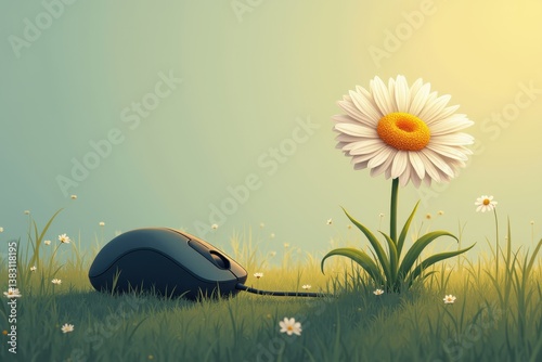 Obraz na płótnie Mouse in grass with daisy: technology nature juxtaposition w salonie