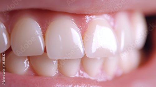 Extreme close-up revealing perfectly aligned, pearly white teeth with healthy pink gingival tissue