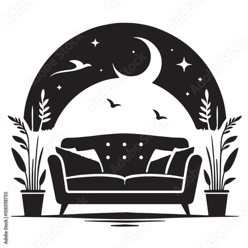 Black Color Sofa Silhouette Vector Illustration, Solid White Background