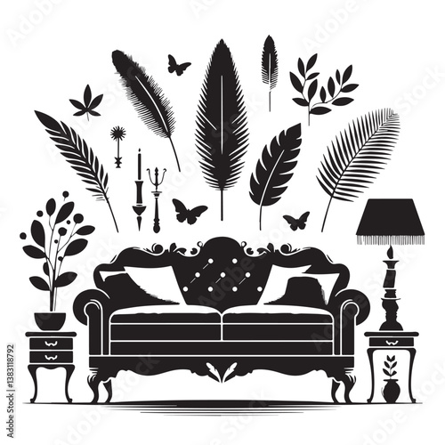 Black Color Sofa Silhouette Vector Illustration, Solid White Background