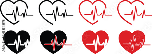 Heartbeat icon set. Heart shape with pulse line vector isolated on transparent background. Continuous lines heart beats drawing, Wave pulse. Signs of rhythm, healthy life symbol. Vector illustration.