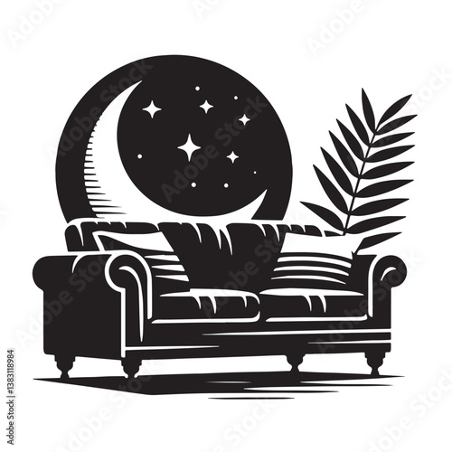 Black Color Sofa Silhouette Vector Illustration, Solid White Background