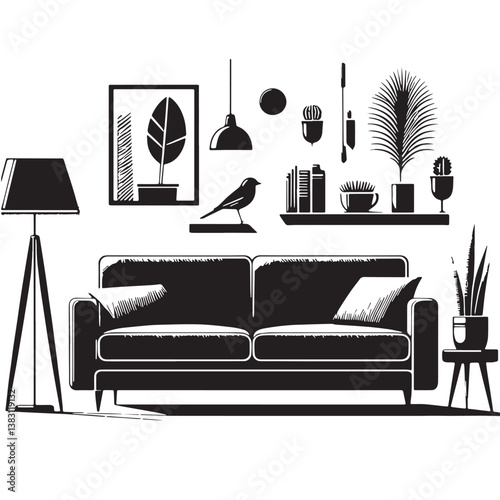 Black Color Sofa Silhouette Vector Illustration, Solid White Background