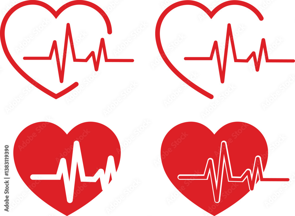 Heartbeat icon set. Heart shape with pulse line vector isolated on transparent background. Continuous lines heart beats drawing, Wave pulse. Signs of rhythm, healthy life symbol. Vector illustration. Heartbeat icon set. Heart shape with pulse line vector isolated on transparent background. Continuous lines heart beats drawing, Wave pulse. Signs of rhythm, healthy life symbol. Vector illustration.