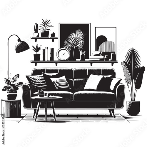 Black Color Sofa Silhouette Vector Illustration, Solid White Background