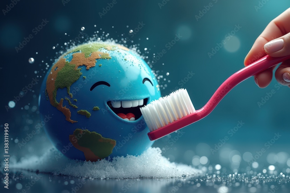 Happy Earth cleaned with toothbrush in cartoon concept