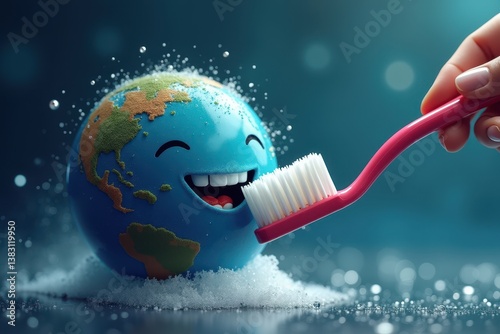 Obraz na płótnie Happy Earth cleaned with toothbrush in cartoon concept w salonie