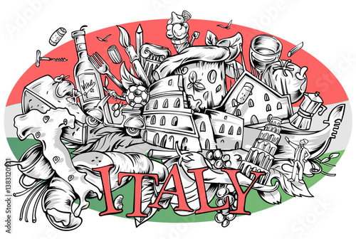 Hand drawn vector Italian symbols on background Hand drawn illustration.