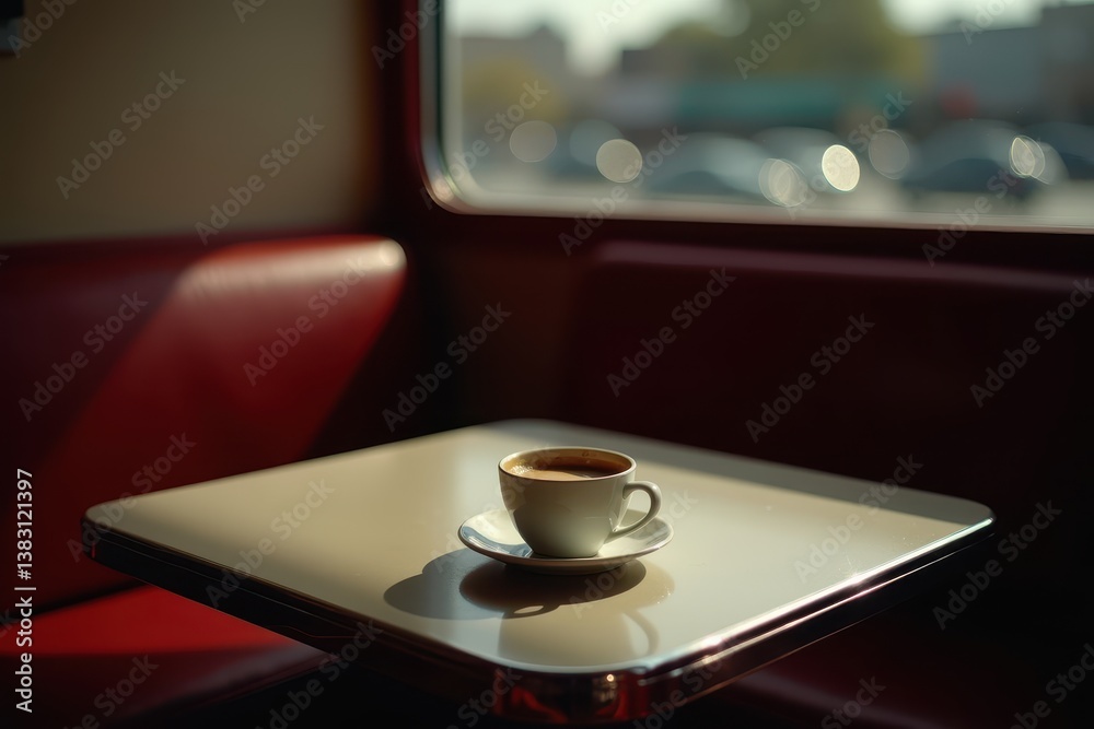 Cozy cafe ambiance with espresso cup on sunlit vintage diner table