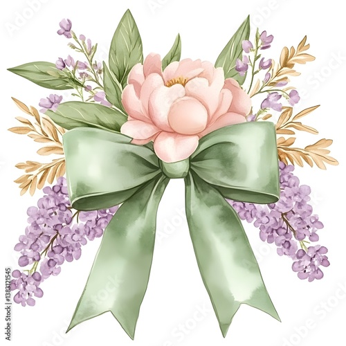 Elegant floral bouquet with a sage green bow