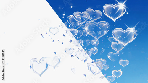 Bubbles shaped like hearts float in the air against a blue, white gradient background