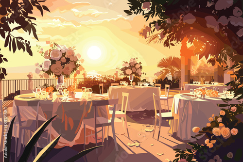 Wedding set up, party or romantic dinner on the beach with beautiful sunset view