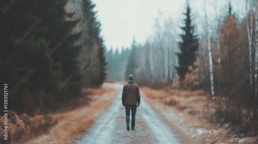 Individual walks along a rustic dirt path, flanked by tall trees and autumn foliage, on a gloomy day with soft lighting Individual walks along a rustic dirt path, flanked by tall trees and autumn foliage, on a gloomy day with soft lighting