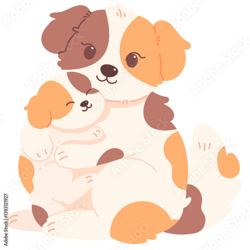 Cute hand drawn Dog and puppy cuddling mother's day illustration