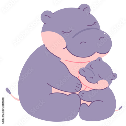 Cute hand drawn Hippo and baby cuddling mother's day illustration