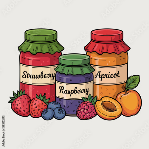 Fruit Jam Jars with Strawberries, Raspberries, and Apricots