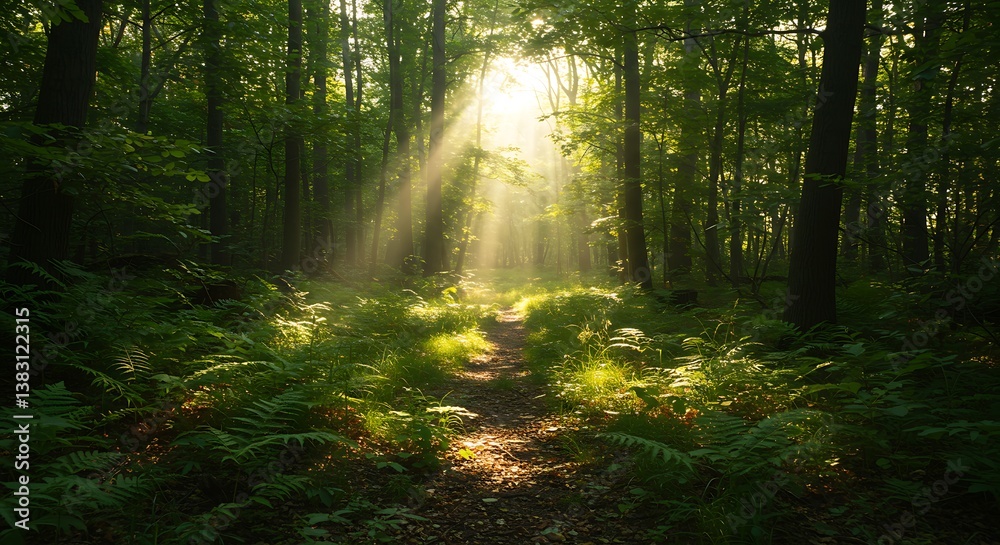 Obraz premium Sunlit Path, Verdant Embrace AI Generated